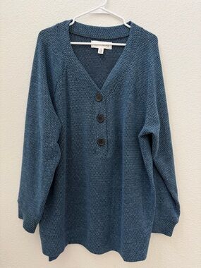 French Laundry Teal-Blue V-Neck Knit Sweater with Button Placket Size 3X